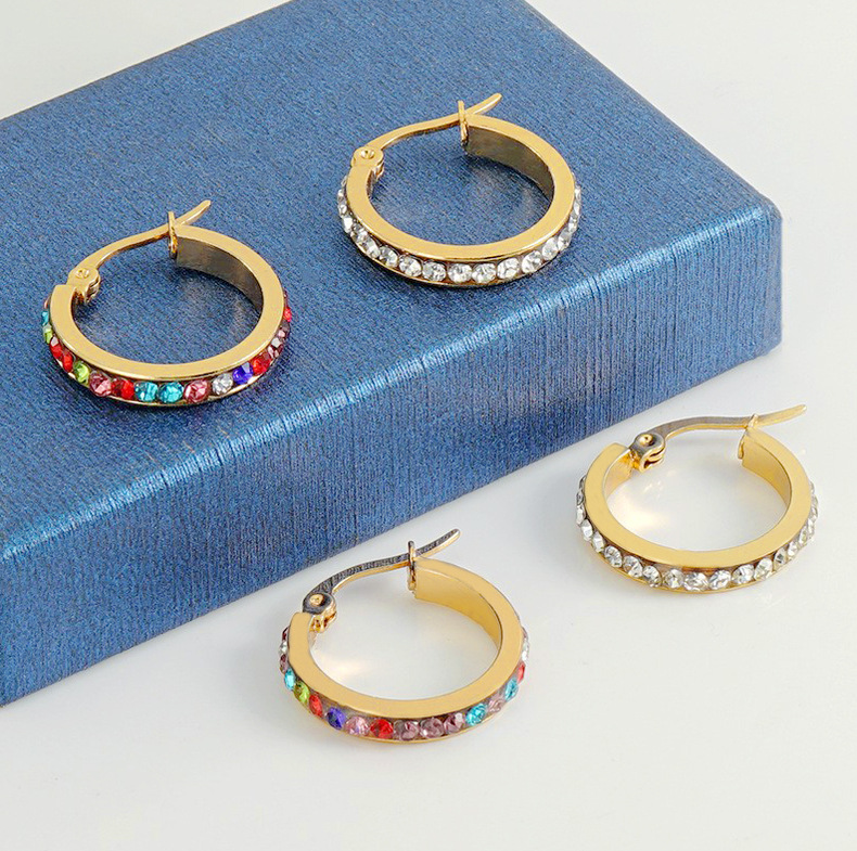 304 Stainless Steel Material Geometric Pattern Women'S Gender 1 Pair Lady Geometric Inlay Titanium Steel Rhinestones 18k Gold Plated Hoop Earrings