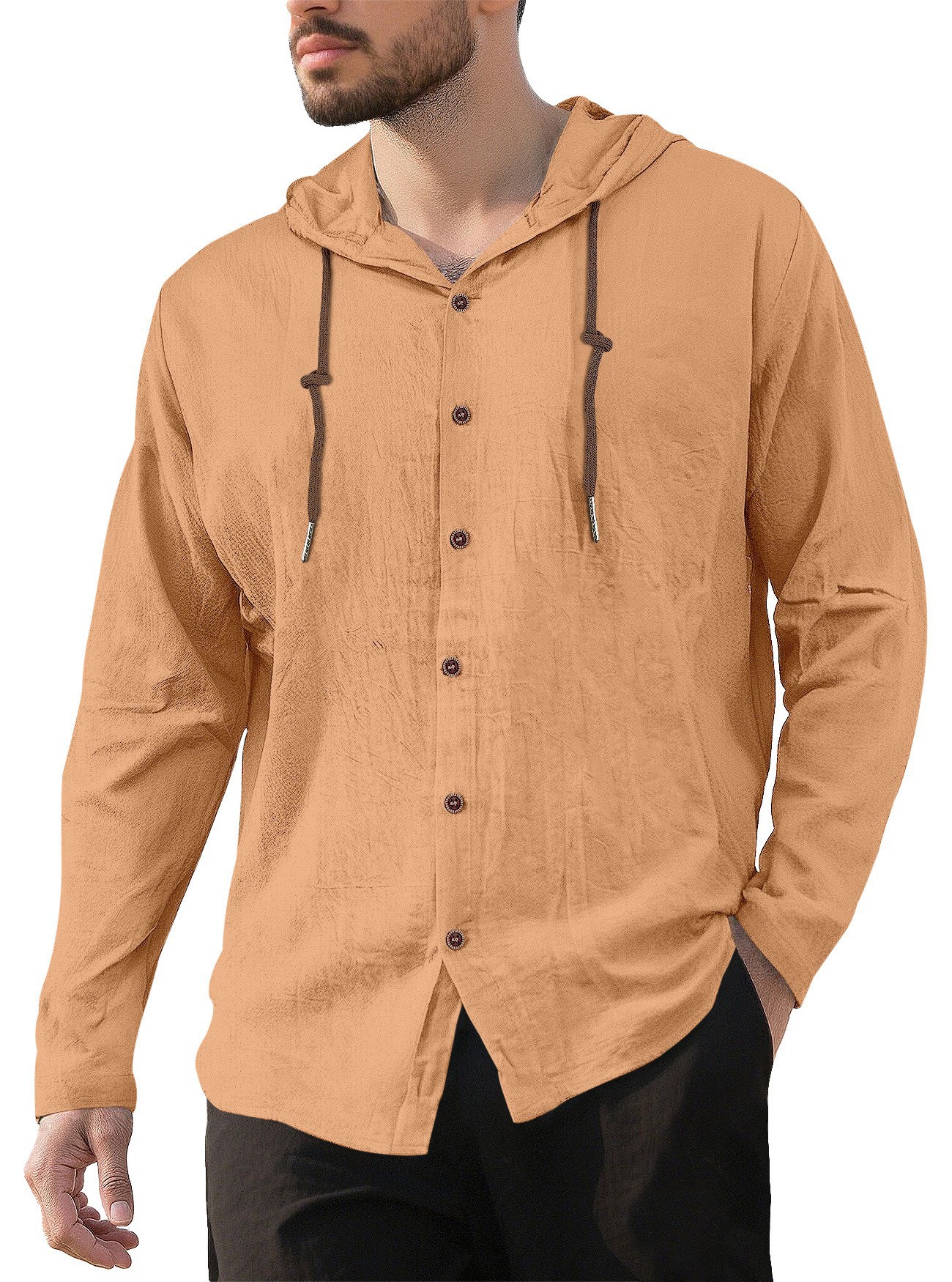 Transfronterizos de hombres Amazon encapuchado Camiseta de algodón camiseta de color sólido suelta de manga larga Cardigan casual chaqueta de playa