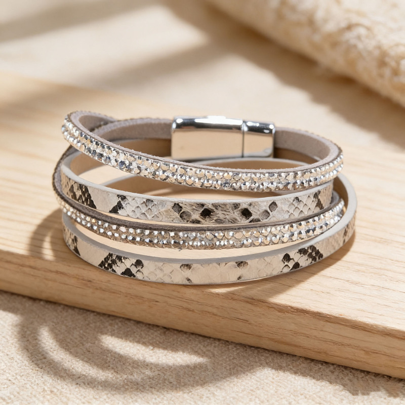 Cross-border punk style magnetic buckle pu leather multi-layer bracelet trendy winding multi-row rhinestone bracelet Amazon bracelet