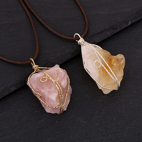 Cross-border natural crystal rough stone pendant irregular wire wound necklace diy jewelry accessories crystal pendant pendant