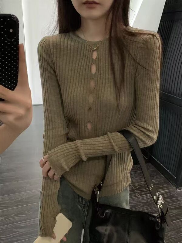 初秋镂空设计感针织衫女潮流圆领休闲慵懒风打底外穿纯色修身毛衣|undefined
