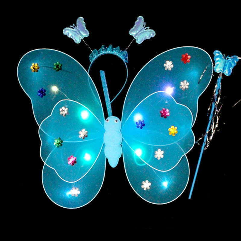 Alas luminosas de mariposa para niña, con luces LED, traje de escenario infantil de cuatro piezas