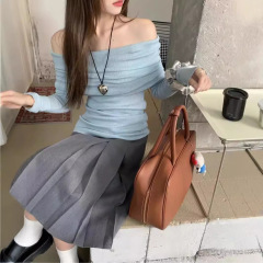 女性用の高級ワンショルダーピンクセーター、薄手のセーター、ワンラインカラーオフショルダー長袖トップ