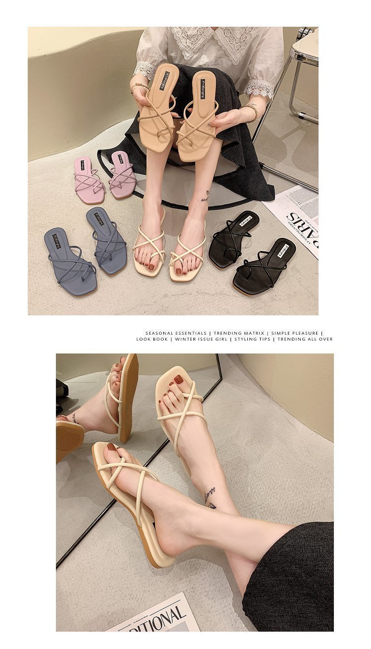 Hausschuhe im Feenstil, neue Oberbekleidung für Damen im Sommer 2024, koreanische Version, schlichter und schmaler Riemen mit quadratischer Zehenpartie und flachem Boden_voghion.com