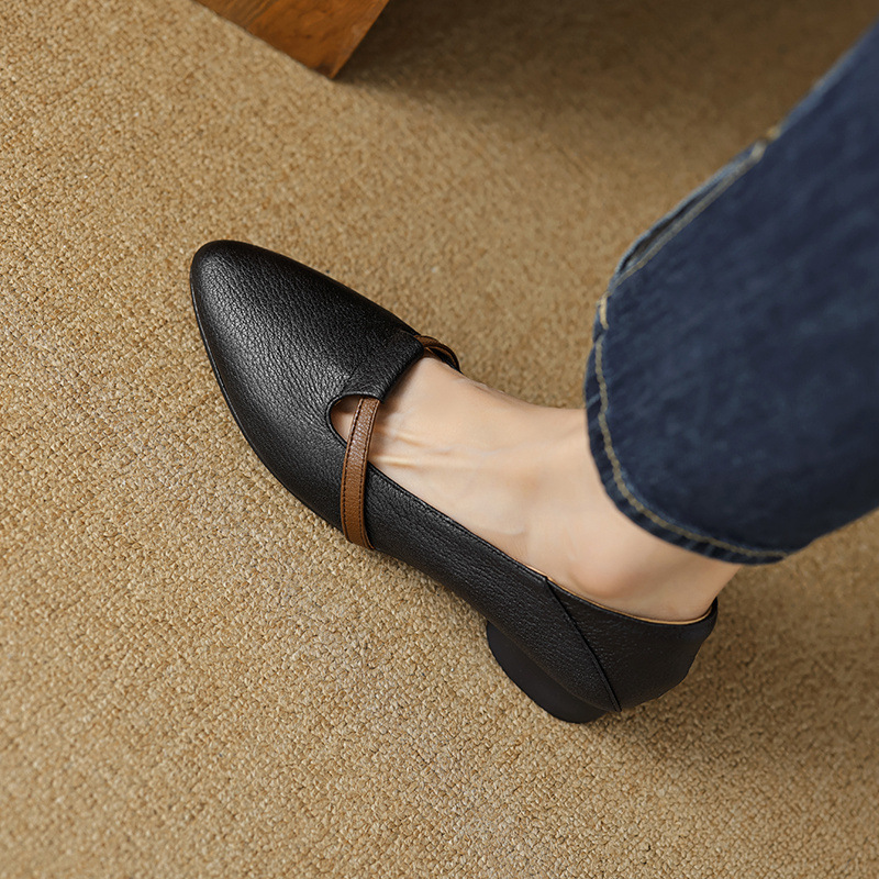 Giày cao gót nữ mũi nhọn da cừu gót thô 5 cm phối màu — đen