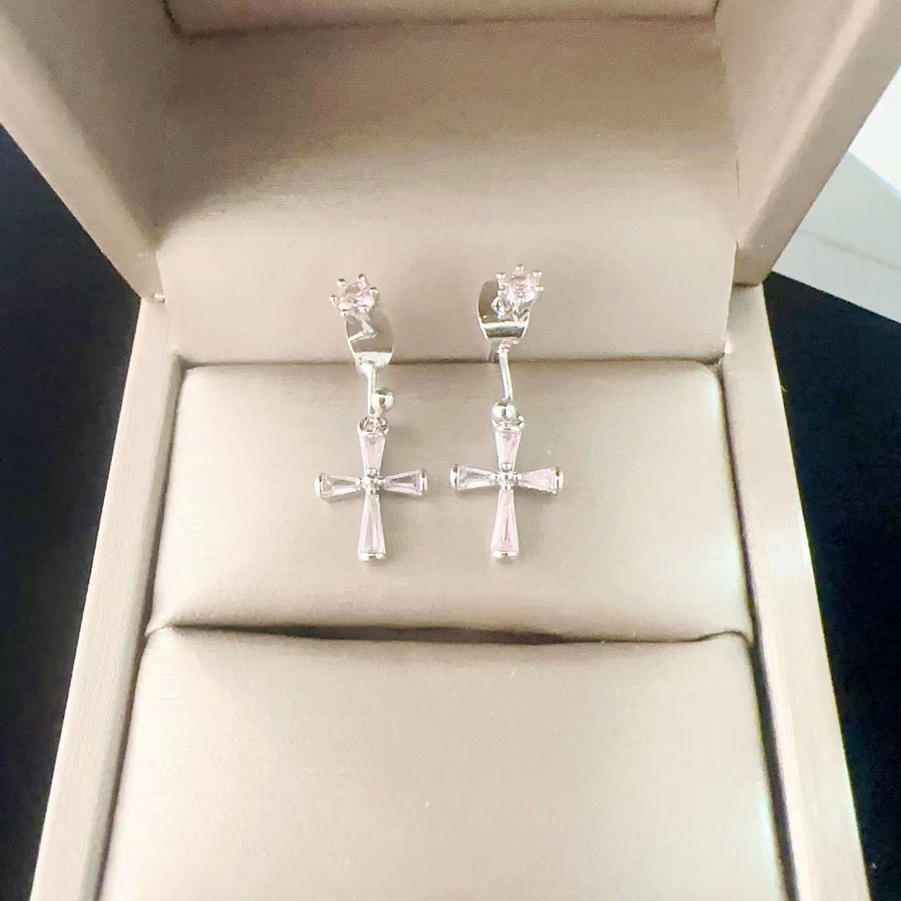 法式多戴法基礎粉色鋯石十字架耳釘後掛可拆卸耳環女甜美日常耳飾