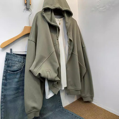 初秋の薄手のジャケット、緑色のジッパー付きフード付きカーディガン、レディース春秋秋用ゆったりオーバーサイズ秋冬厚手