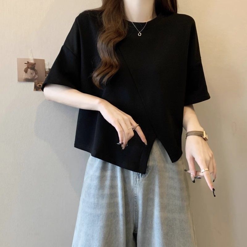 Plus-Size Irregular Short-Sleeve T-Shirt for Women, 2026 Summer New Style, Slimming and Tummy-Concealing Design with Slit