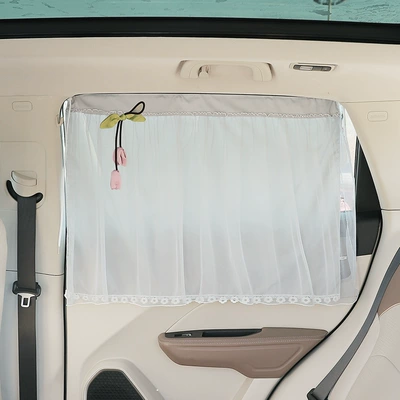 Car curtains Baby Sun Protection Curtain - double-layer-flower-tassel-style-grey