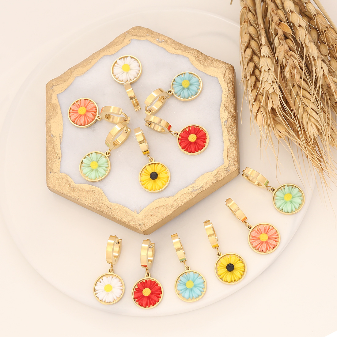 Fashion Daisy Stainless Steel Resin Plating Drop Earrings 1 Pair