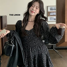 the limon柠檬绿茶2025秋季设计感碎花长袖连衣裙女小个子短裙