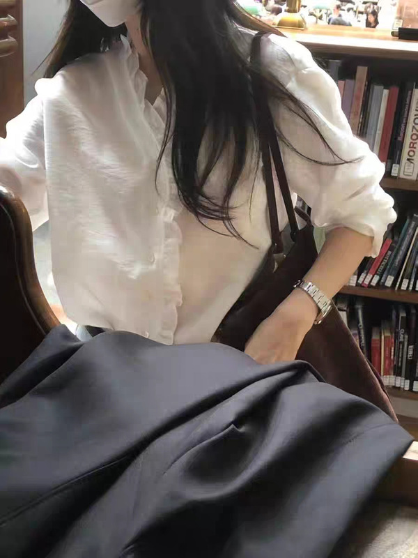 现货2025秋季新款韩版OB*ET气质纯色甜美木耳边V领长袖衬衫上衣女|undefined