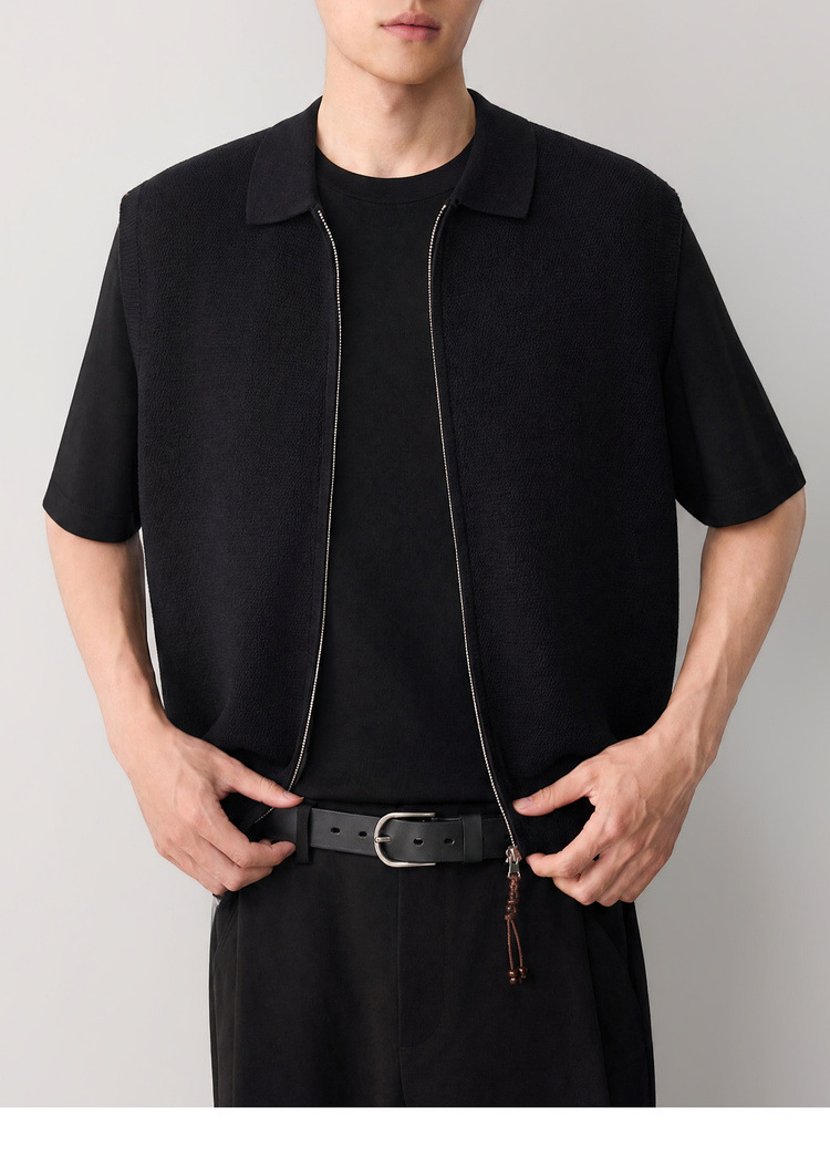 Áo gile len nam pha linen dáng cardigan khóa kéo phong cách công sở — đen chi tiết 29