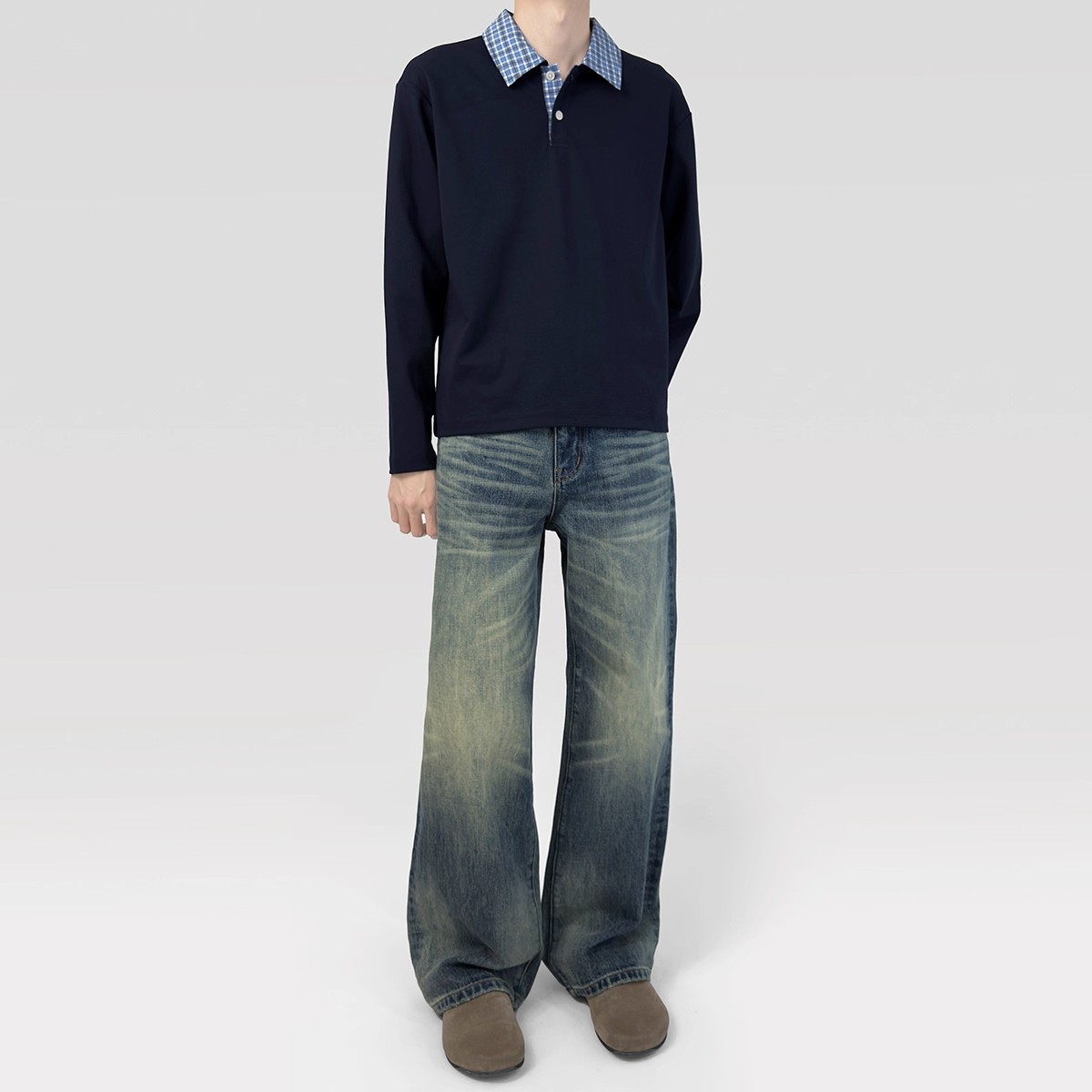 Navy Blue Fake Two-Piece Polo Shirt Sweatshirt for Men and Women, Autum Couple's Bottoming Shirt, American Retro Long-Sleeved T-Shirt