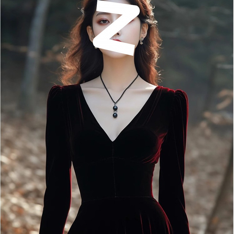 French-Style Birthday Party Evening Dress, Elegant Ladylike Red Velvet Dress for Women, Spring and Winter