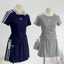 跨境纯棉休闲运动套装女三条杠蝴蝶结短袖T恤夏包臀半身裙两件套