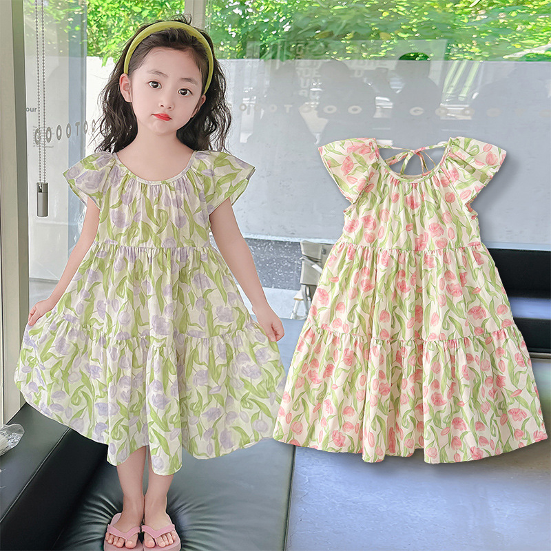 Girls Summer All Cotton Lotus Collar Dress Pure Cotton Floral Tulip Sweet Kindergarten Primary School Fat Princess Dress