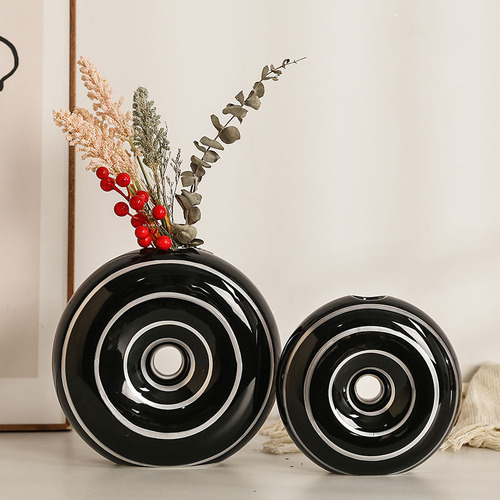 European-style minimalist black and white striped ceramic vase decorative round mouth flower holder creative living room dining room soft decoration item