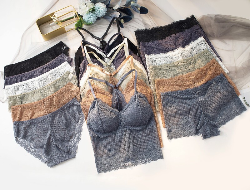 French lace bra suit women's mid-length vest hollow-out thin shoulder strap wireless beauty back dovetail underwear underpants