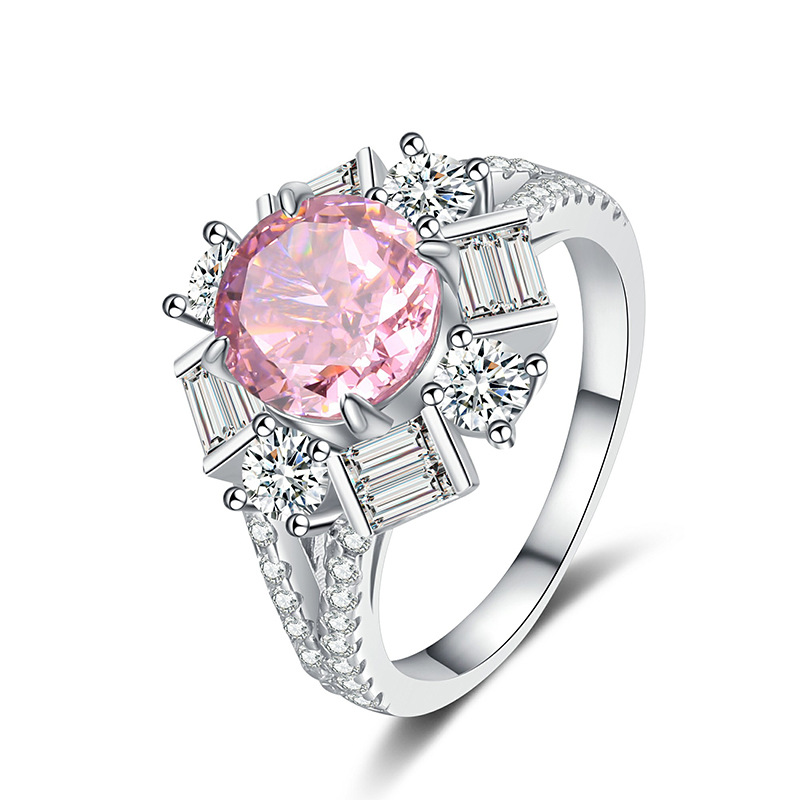 Luxury princess style round high carbon diamond 925 sterling silver ice cut pink ring for ladies European and American high sense socialite