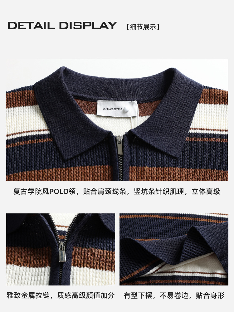 Cross-border 2026 verano hombre rayas hielo tejedido polo medio cremallera solapa camiseta de negocios de manga corta camiseta casual