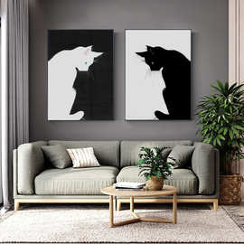 简约北欧黑白猫咪客厅海报玄关壁画帆布装饰画挂画图片画芯喷绘
