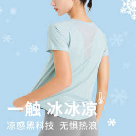 夏季凉感网纱速干瑜伽服女上衣 宽松短袖T恤透气运动跑步健身罩衫