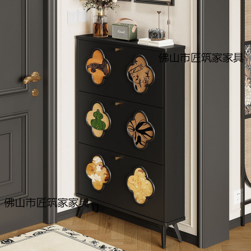 French-Style Black Vintage Ultra-Thin Flip Shoe Cabinet for Home Entrance Wall-Mounted Large-Capacity Entryway Shoe Rack