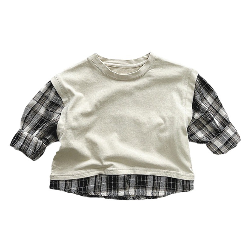 Camisa de fondo a cuadros para niños ~ 2024 Primavera y otoño nueva camiseta de bebé para hombres y mujeres Estilo coreano Mori todo partido Moda ropa para niños