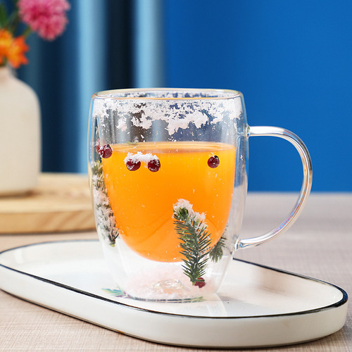 Hollywood Petals Flowing Sand Cup with Handle, High Borosilicate Heat-resistant Double-layer Glass Cup, High Aesthetic Dry Flower Real Flower Milk Tea Cup