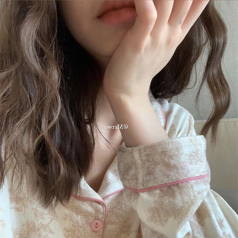 METWO 파자마 여성의 봄과 가을 긴팔 바지 셔츠 퓨어 코튼 캐주얼 프랑스 스타일 하이 엔드 센스 홈 웨어 세트