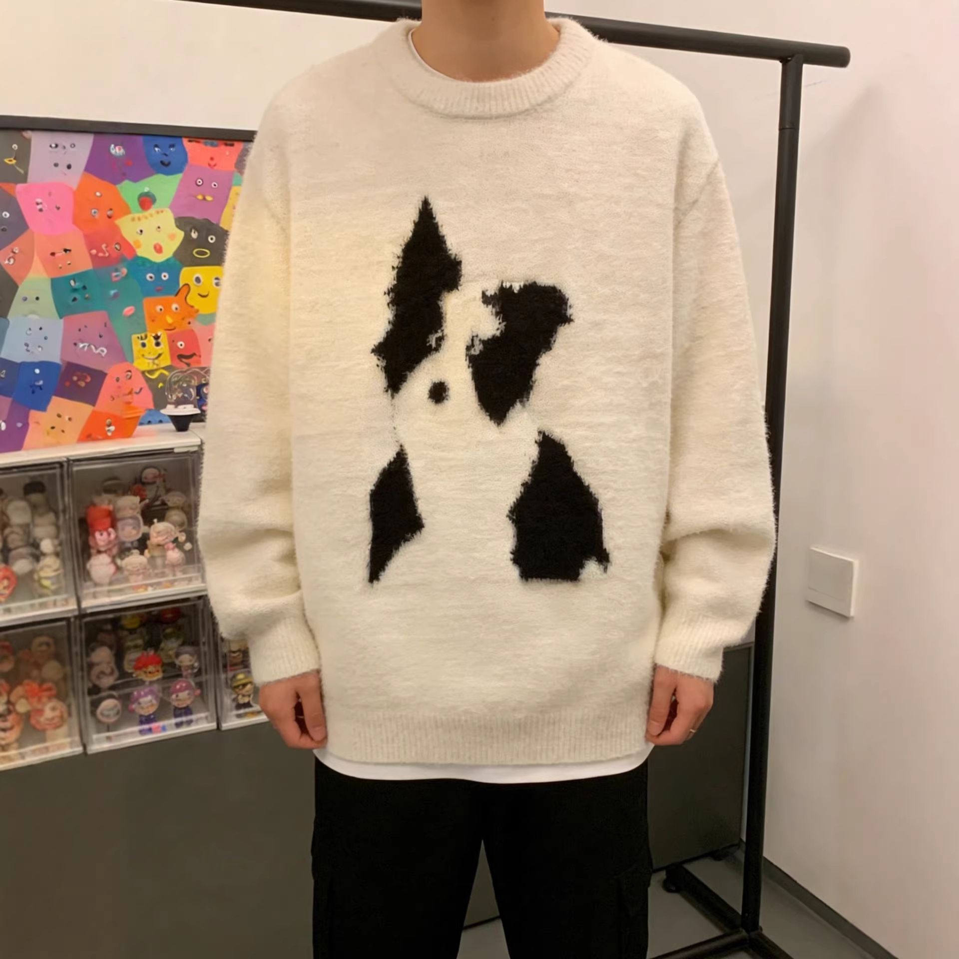 Herren Winterpullover aus Mohair mit Cartoon-Welpenmotiv, Rundhalsausschnitt, lässiger Strickpullover in entspannter Passform für Paare_voghion.com