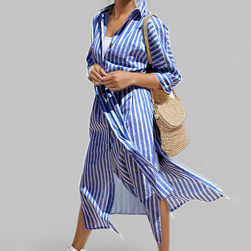 2025 Spring Independent Store Cross-border European and American Women's Fashion New Striped Cardigan Seven-Sleeve Collar Dress