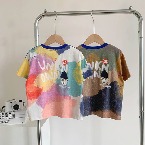 Nausicaa of the Valley of the Wind 2024 new summer children's clothing children's tie-dye style printed T-shirt boys handsome ink style short-sleeved thin