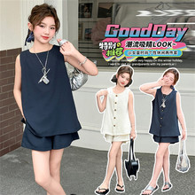 女童棉麻套装2025新款儿童装洋气薄款女孩夏季无袖短裤两穿两件套