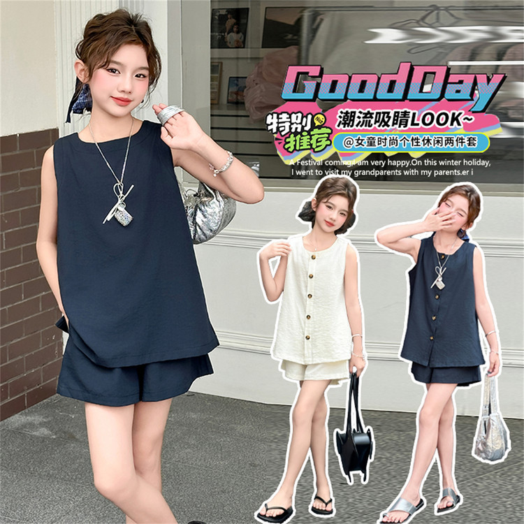 女童棉麻套装2025新款儿童装洋气薄款女孩夏季无袖短裤两穿两件套