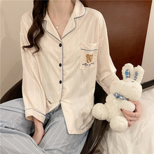 简约韩版春秋季长袖睡衣女士小清新口袋小熊牛奶丝坑条外贸家居服