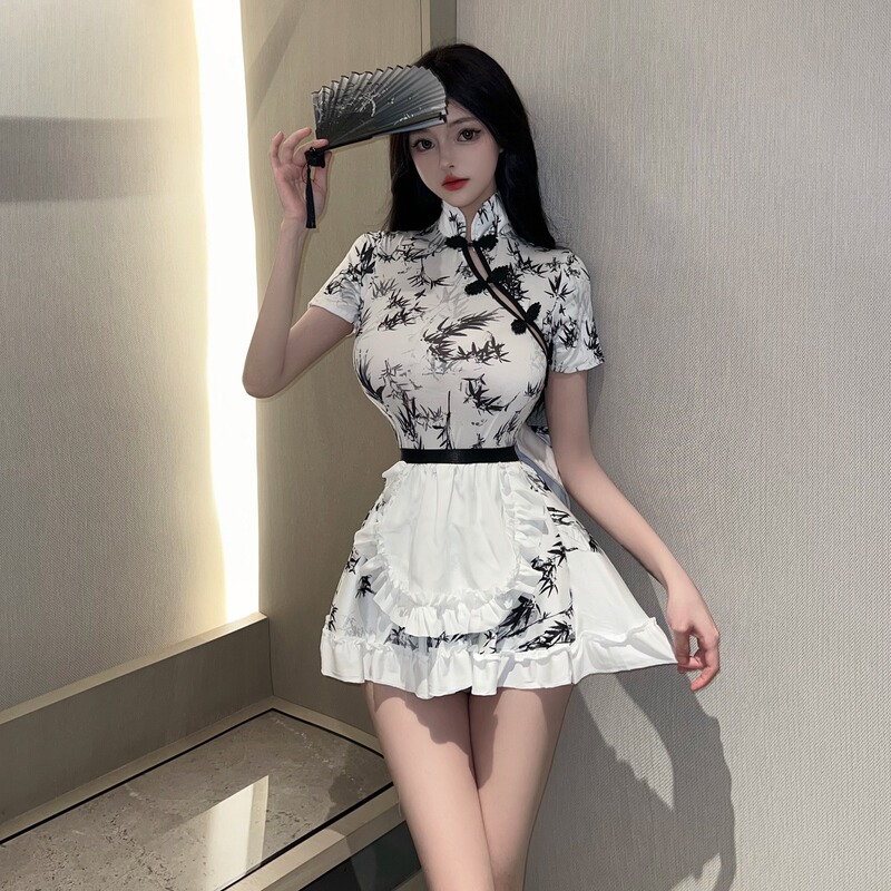 Flower Capital Sexy Bud Clothes Spice Girls Sexy Printed Cheongsam with Hip Bag Internet Popular Chinese Style Ink Printing Pure Desire Underwear