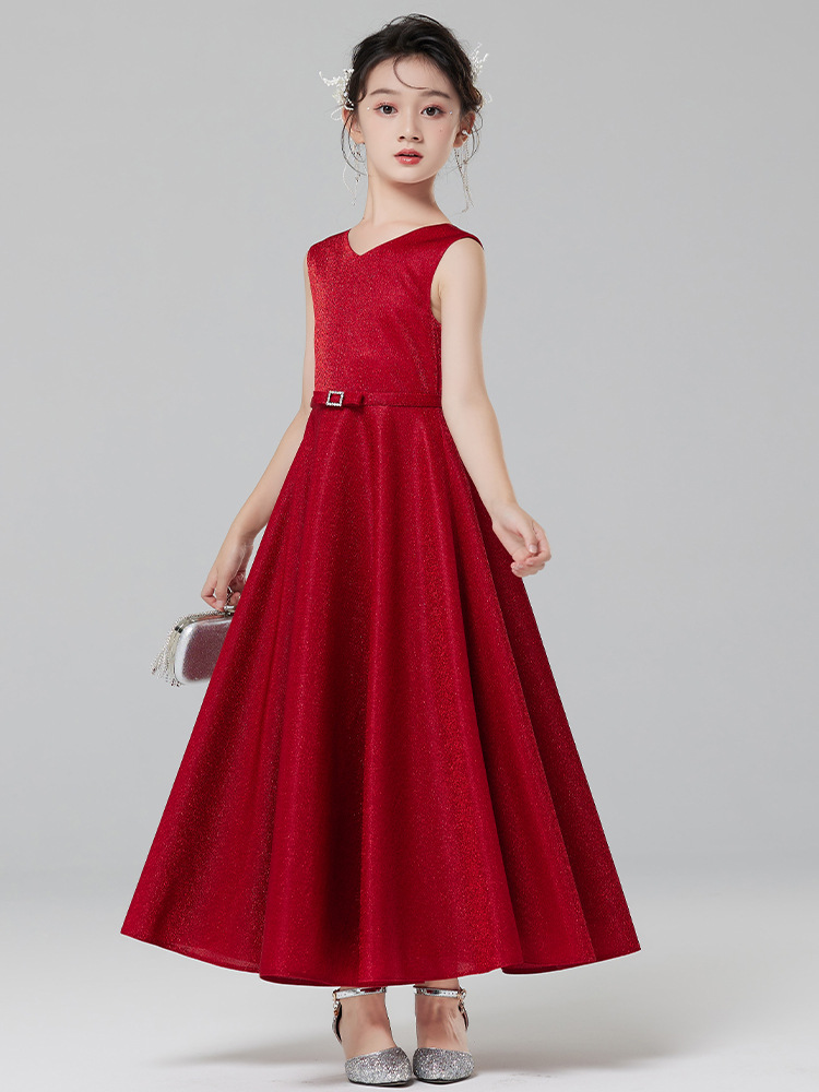 Vestido de noche de las niñas rojo niña de las flores Niña de la boda de alta gama princesa vestido otoño niños anfitrión piano traje