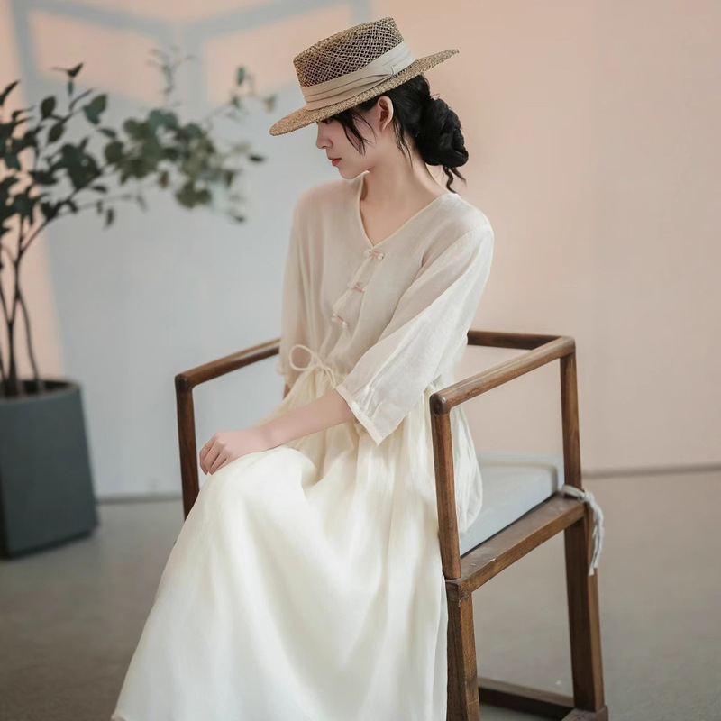 Embroidered Ramie 2025 Summer Waist Full-Covering Buttoned Long Skirt Drawstring Mid-Length Solid Color Slimming Dress Embroidered Ramie 2025 Summer Waist Full-Covering Buttoned Long Skirt Drawstring Mid-Length Solid Color Slimming Dress