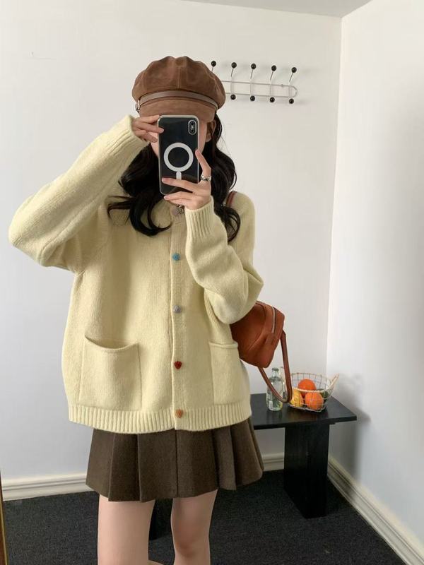 韩系温柔风软糯气质百搭彩色扣子毛衣女秋季新款宽松加厚针织开衫|undefined