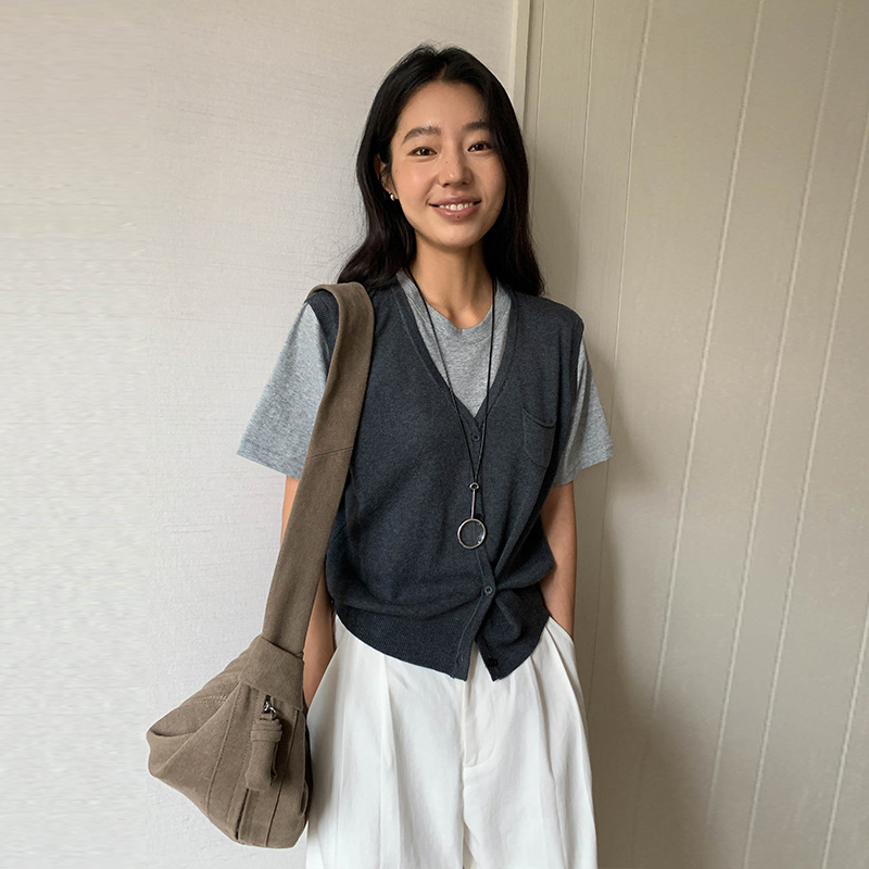 【清仓不退不换】MOXI 十三行女装假两件针织衫女拼接马甲短袖T恤