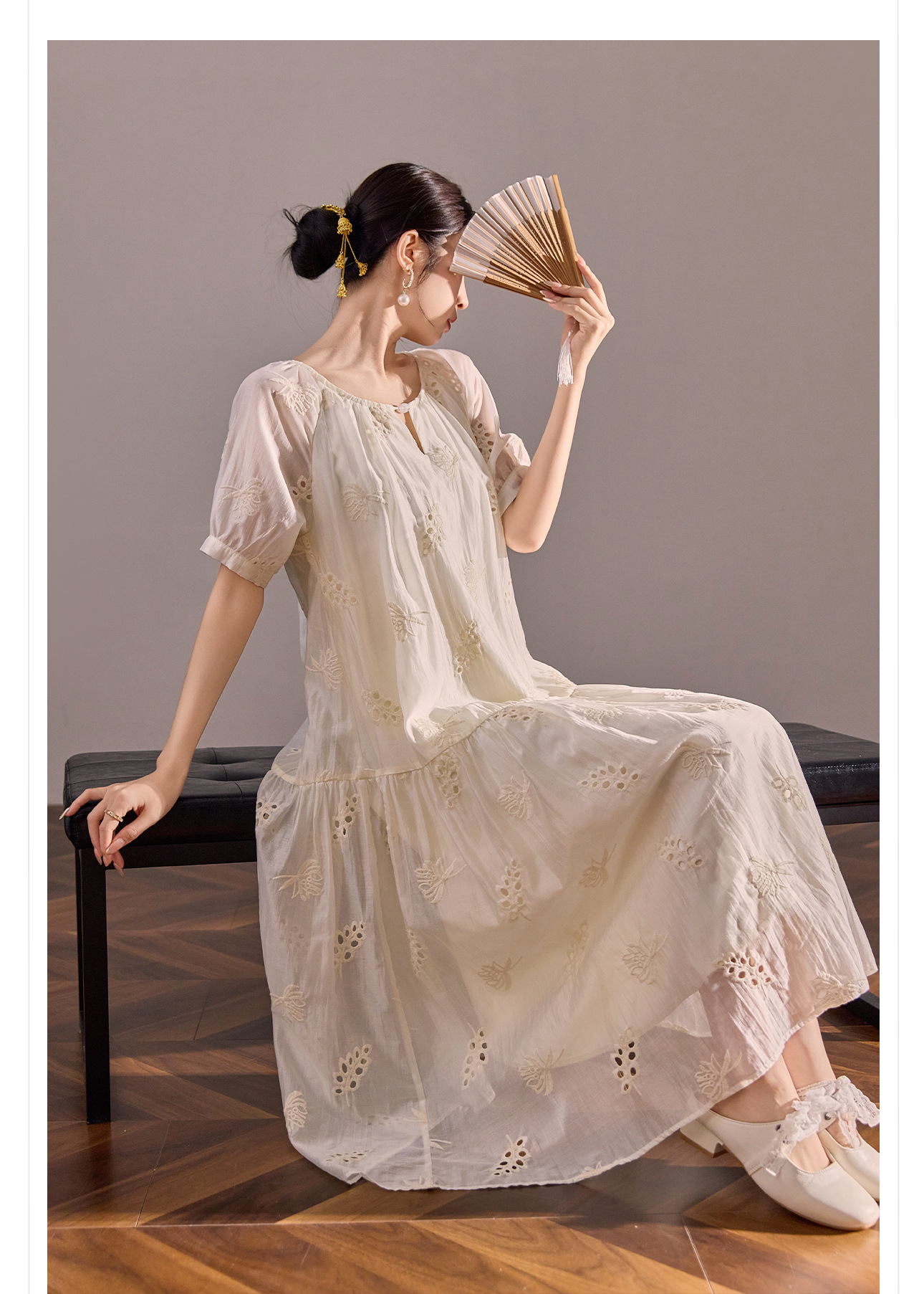 Váy maxi dáng rộng phong cách Trung Hoa mới cao cấp mùa hè chất Tencel cho người dáng nhỏ — Màu trắng nhạt chi tiết 9