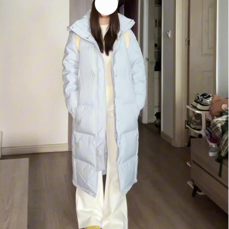 大码温柔风奶蓝色中长款羽绒棉服女冬季宽松加厚保暖过膝棉衣外套|undefined