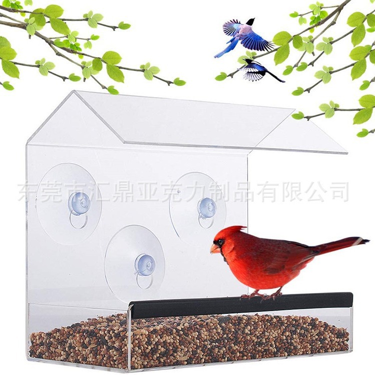 工厂跨境亚克力鸟类喂食器透明宠物户外鸟笼窗户悬挂式宠物屋