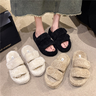 Korean-style Velcro Double Strap Mao Mao Slippers Women's Autumn and Winter 2023 New Flat Cotton Slippers for Women