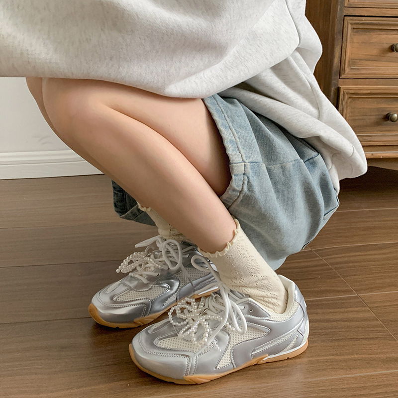 펄 레이스 업 실버 발레 스타일 플랫폼 독일 훈련 신발 여성 2025 년 새 봄 올 매치 캐주얼 포레스트 검프 운동화