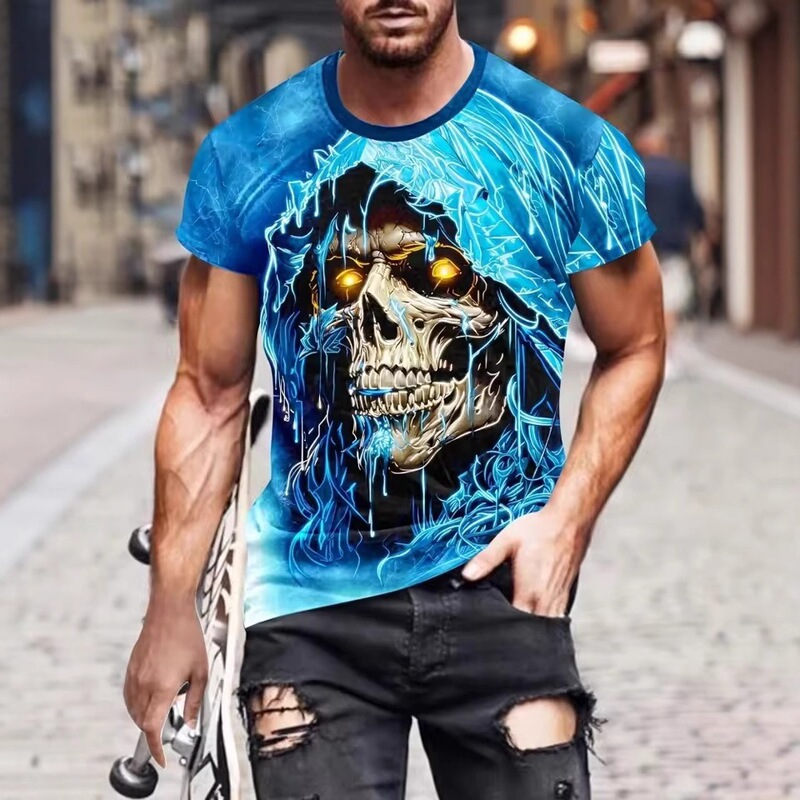 2025 Men's Skull Print T-Shirt Casual Short Sleeve Round Neck Fashionable Loose Comfortable Clothing Top