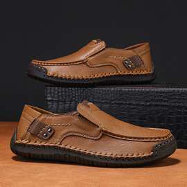 9916男鞋户外休闲情侣款一脚蹬平底手工皮鞋低帮大码跨境乐福皮鞋