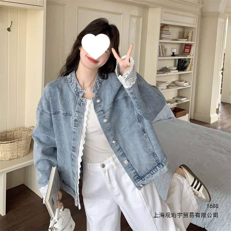 Women's Lace Trim Denim Jacket, Spring/Autumn 2026 New Style, Casual and Popular Korean Style.